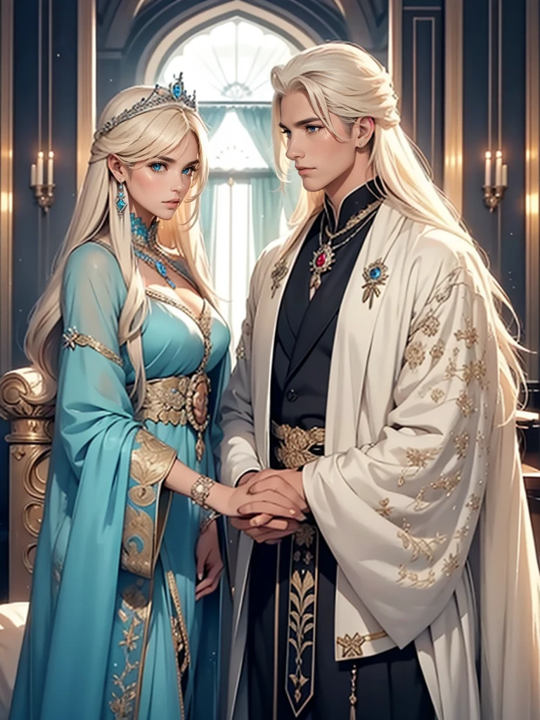 Tall, handsome, statuesque, courageous, adult man is platinum blonde, he is a centaur, he has long straight platinum hair, blue eyes, a beautiful embossed torso, isabella croup, he holds the hand of an incredibly beautiful young femme fatale blonde in a light antique-style dress, she has long golden hair, blue eyes. they are in love with each other. Realistic image. 