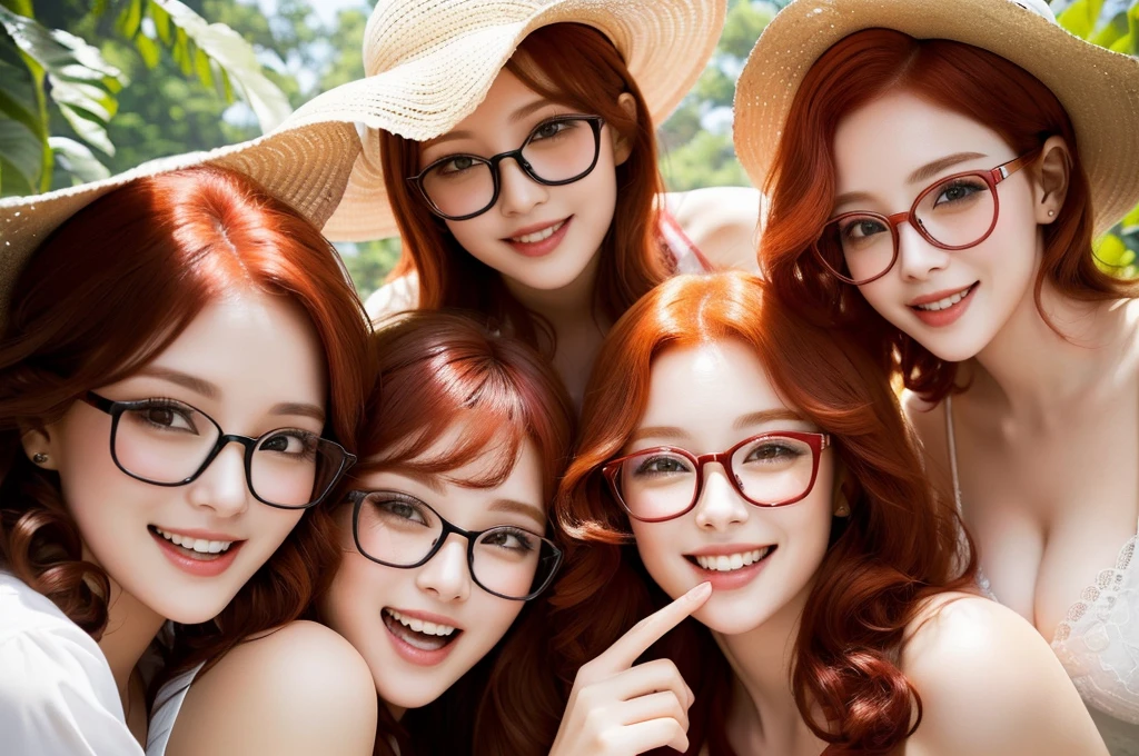 five sexy women who are wives of 4 years old boy, looking at camera, cute smiles, portrait, curly red hair colors, opened mouths moaning, glasses, sunhats