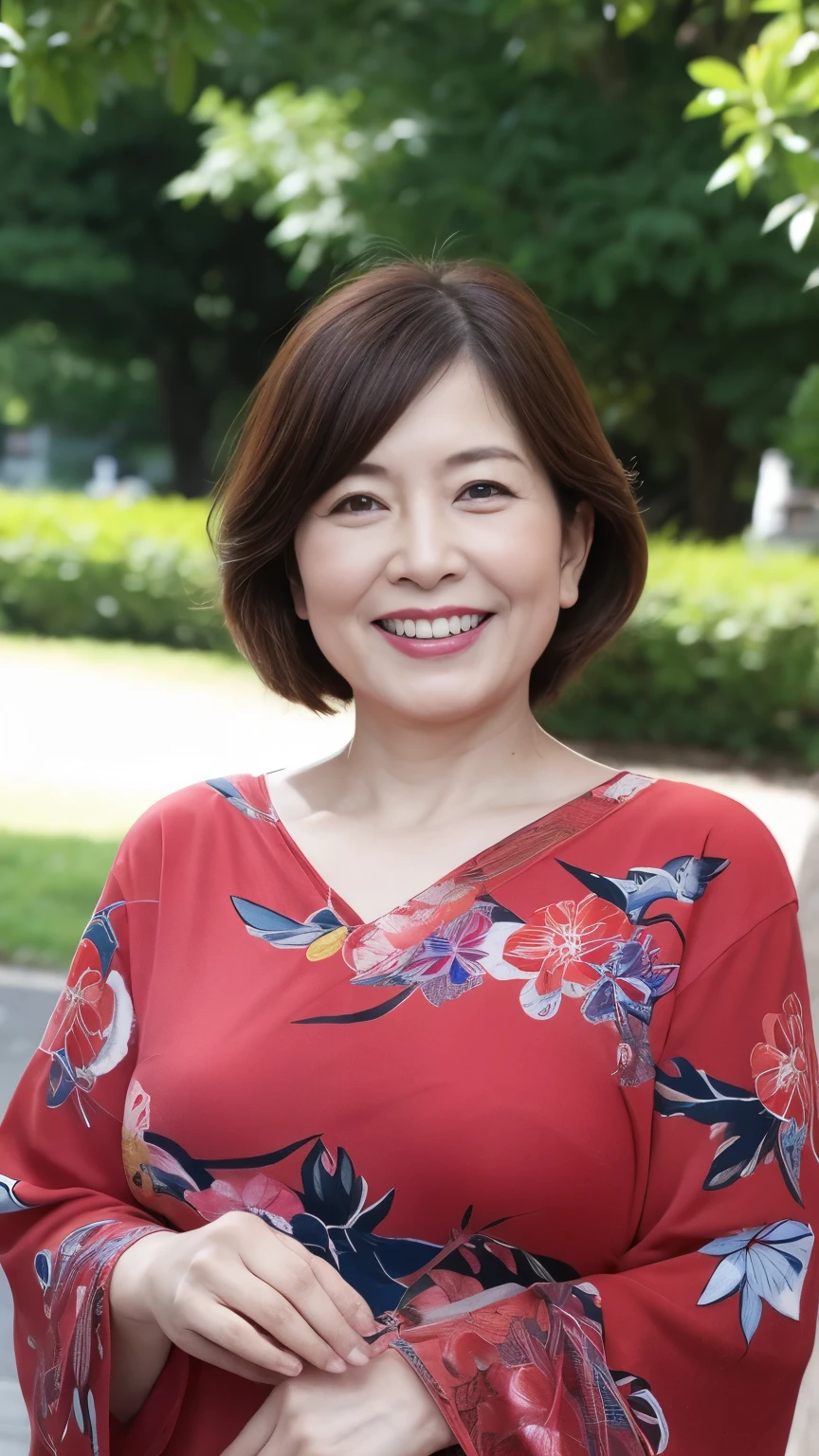 , Standing in the park, Wrinkles around the eyes, Smiling with teeth showing, Japanese painting, senior citizen, Draw lips correctly, Red lipstick, No discomfort, 16K, Highest quality, Very detailed, Realistic, Very detailed肌, (Japanese), (alone), 100 years old, Large Breasts, , Glamour, sexy, Chromo White Skin, Staring straight ahead,