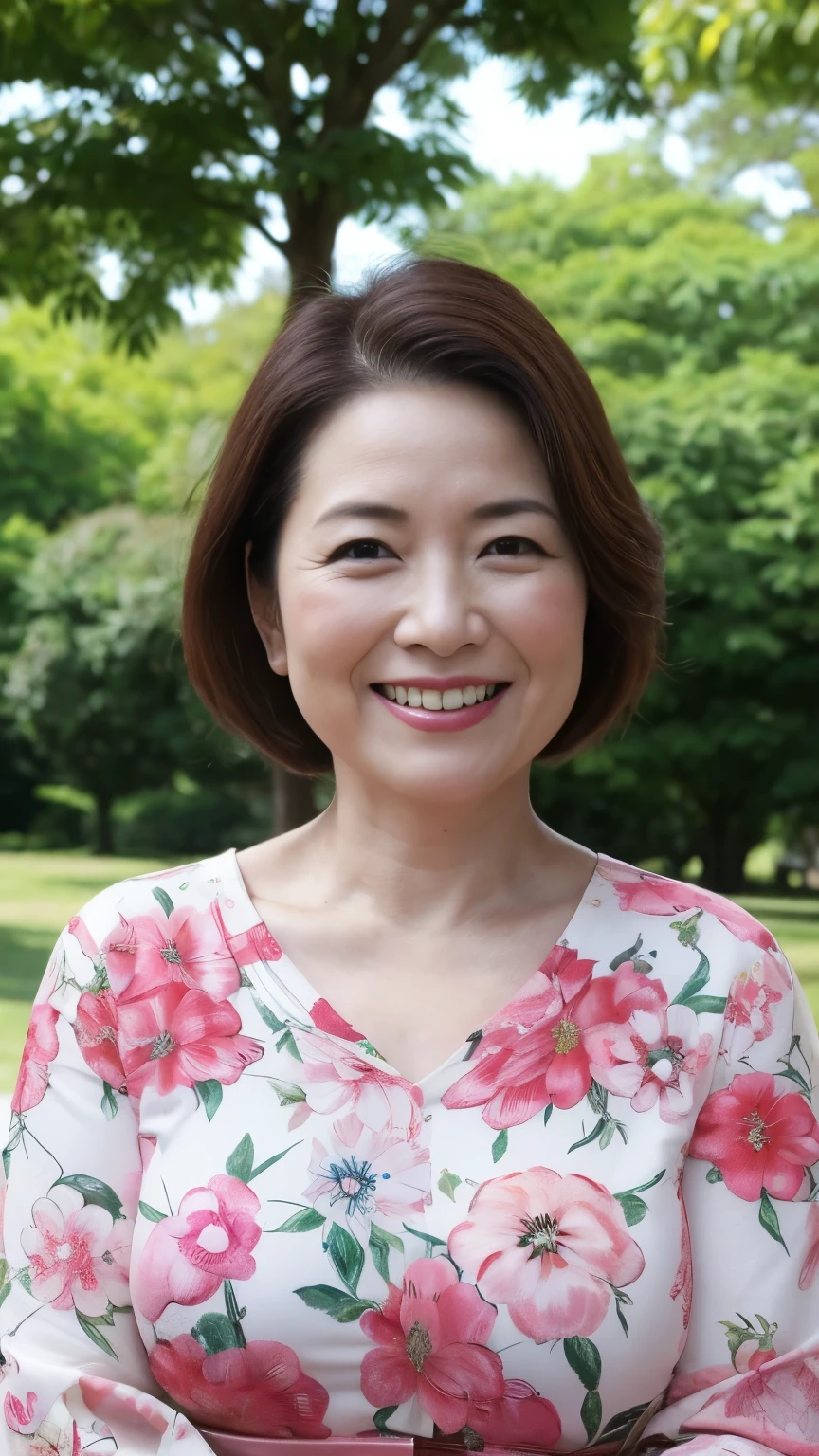 , Standing in the park, Wrinkles around the eyes, Smiling with teeth showing, Japanese painting, senior citizen, Draw lips correctly, Red lipstick, No discomfort, 16K, Highest quality, Very detailed, Realistic, Very detailed肌, (Japanese), (alone), 100 years old, Large Breasts, , Glamour, sexy, Chromo White Skin, Staring straight ahead,