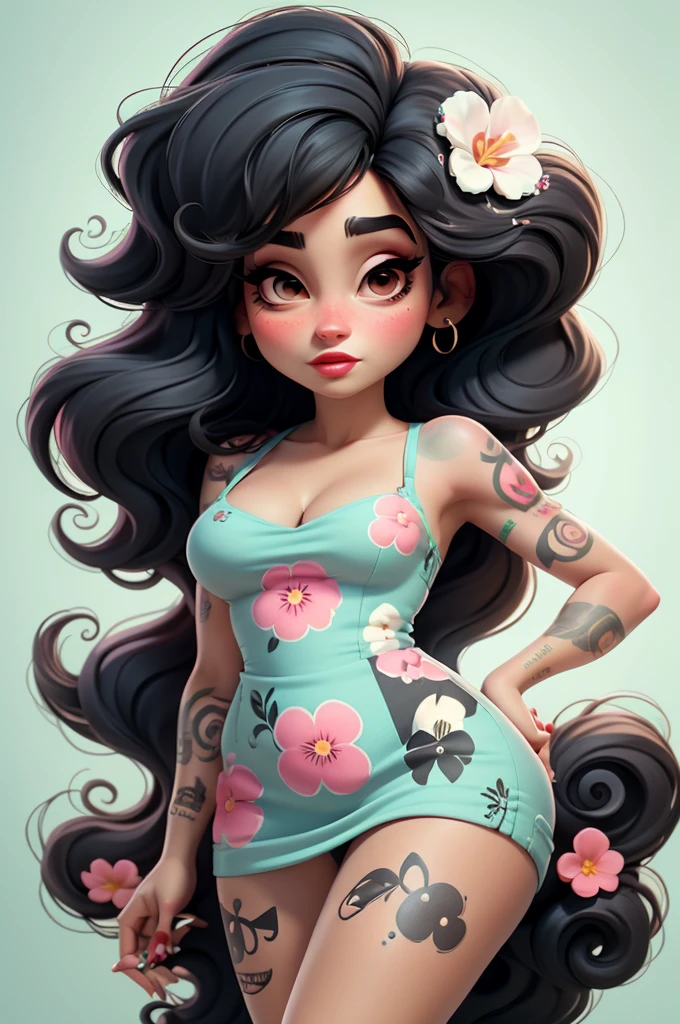 Amy Winehouse,, flower dress, white background,tattoo, red lips, pink pinup style, aqua black eyes,
