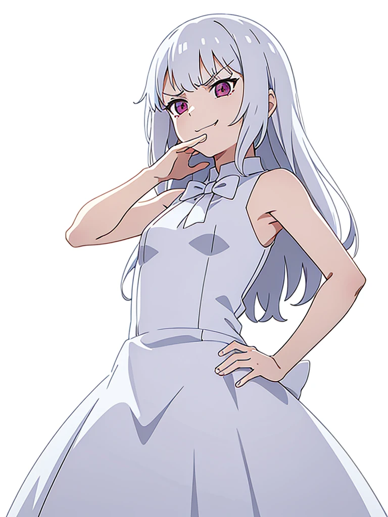 (1girl,,small),white hair,long hair,white dress, sleeveless, bow tie, bare shoulders,(white background,line drawing),(ojou-sama pose),angry,smile,upper body,looking at view,from below,laughing, hand on hip, naughty face, smug