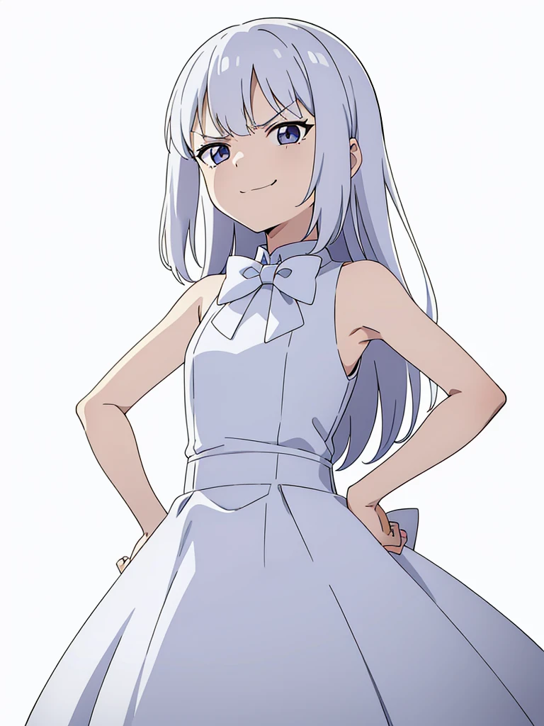 (1girl,8 years old,small),white hair,long hair,white dress, sleeveless, bow tie, bare shoulders,(white background,line drawing),(ojou-sama pose),angry,smile,upper body,looking at view,from below,laughing, hand on hip, naughty face, smug