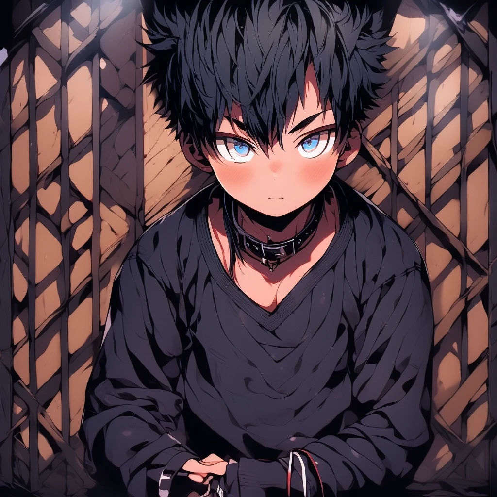 (Masterpiece), (Best Quality), ((Highly Detailed)) Boy with his hand on the glass, wearing a collar, full body, 4k, 8k, anime style --niji 6