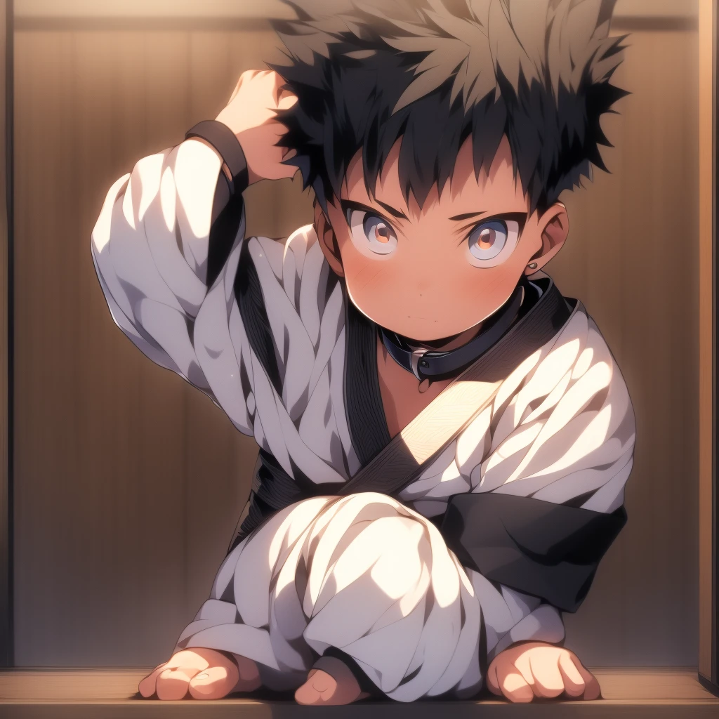 (Masterpiece), (Best Quality), ((Highly Detailed)) Boy with his hand on the glass, wearing a collar, full body, 4k, 8k, anime style --niji 6