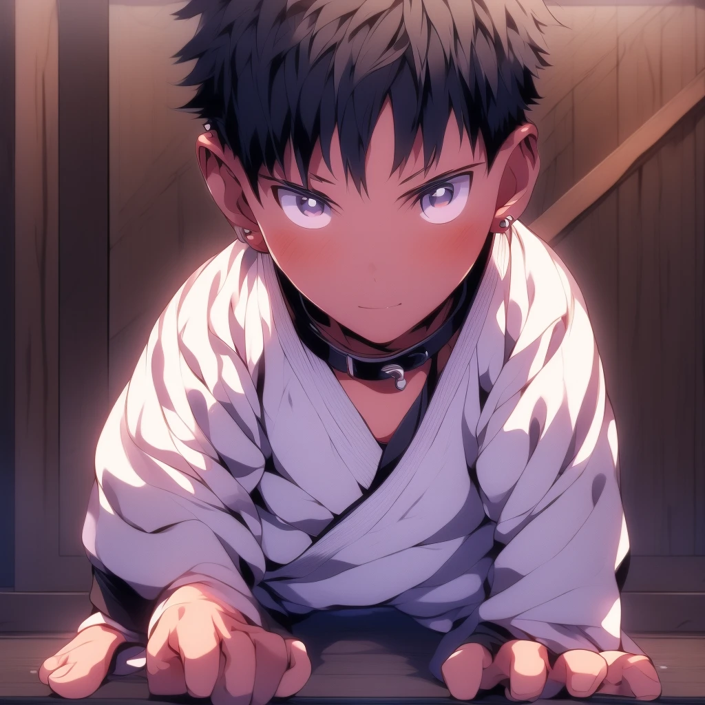 (Masterpiece), (Best Quality), ((Highly Detailed)) Boy with his hand on the glass, wearing a collar, full body, 4k, 8k, anime style --niji 6