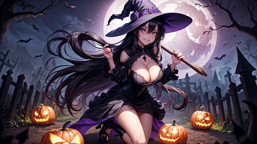 1girl, full body, very detailed, witch, with hat, black hair, black dress, long hair, large breasts, cleavage 1:3, purple eyes, witch broom in hand, high heels, grin, pumpkin lantern, skeletons, bats, owl, moon, trees, road, fence, graveyard