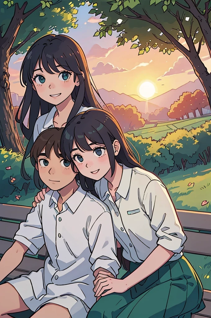 1 guy, 1 girl, sitting on a bench, park, girl with a long hair, stunning sunset lighting, realistic landscapes, beautiful detailed eyes, gentle smile, best quality, ultra-detailed, romantic atmosphere, sunset colors, warm and soft lighting, lovers in the park, happy and relaxed facial expression, subtle and natural poses, soft wind, sun rays shining through the trees, peaceful and serene setting, happy couple enjoying the moment, beautiful summer evening, green lushness, bright colors, dreamy atmosphere, whispering sweet words, sparkling eyes, sunset glow, couples in love, romantic date, Love is in the air, girl in a shirt and skirt