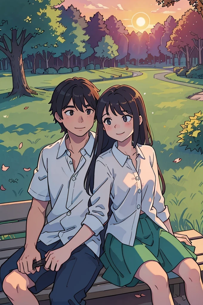 1 guy, 1 girl, sitting on a bench, park, girl with a long hair, stunning sunset lighting, realistic landscapes, beautiful detailed eyes, gentle smile, best quality, ultra-detailed, romantic atmosphere, sunset colors, warm and soft lighting, lovers in the park, happy and relaxed facial expression, subtle and natural poses, soft wind, sun rays shining through the trees, peaceful and serene setting, happy couple enjoying the moment, beautiful summer evening, green lushness, bright colors, dreamy atmosphere, whispering sweet words, sparkling eyes, sunset glow, couples in love, romantic date, Love is in the air, girl in a shirt and skirt