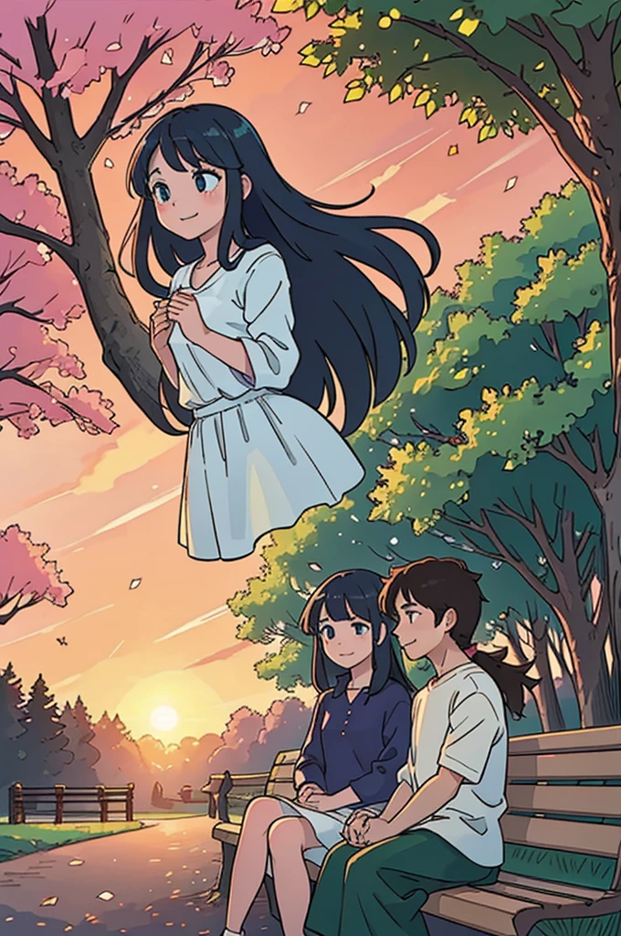 1 guy, 1 girl, sitting on a bench, park, girl with a long hair, stunning sunset lighting, realistic landscapes, beautiful detailed eyes, gentle smile, best quality, ultra-detailed, romantic atmosphere, sunset colors, warm and soft lighting, lovers in the park, happy and relaxed facial expression, subtle and natural poses, soft wind, sun rays shining through the trees, peaceful and serene setting, happy couple enjoying the moment, beautiful summer evening, green lushness, bright colors, dreamy atmosphere, whispering sweet words, sparkling eyes, sunset glow, couples in love, romantic date, Love is in the air, girl in a shirt and skirt