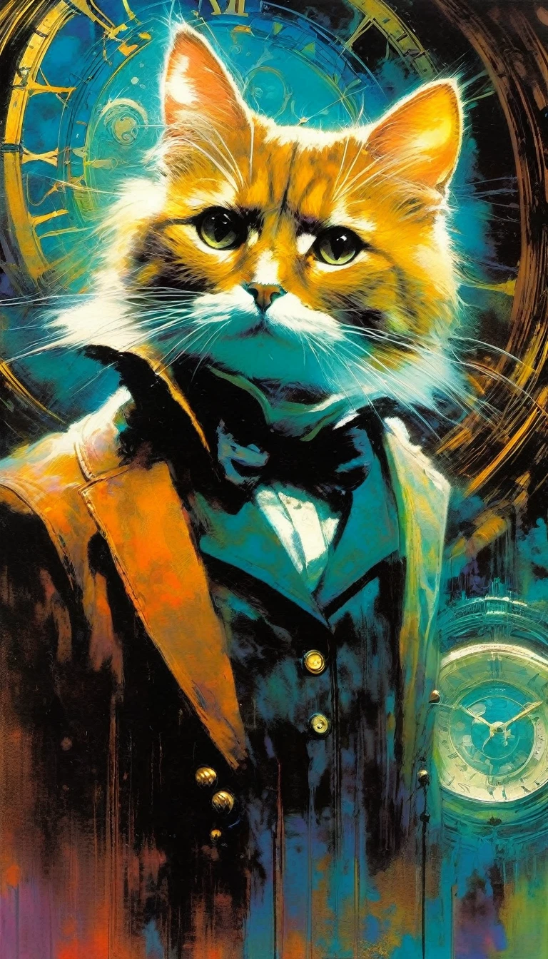 a cat in clockworld theme:1.5 (art inspired by Bill Sienkiewicz). oil painting)