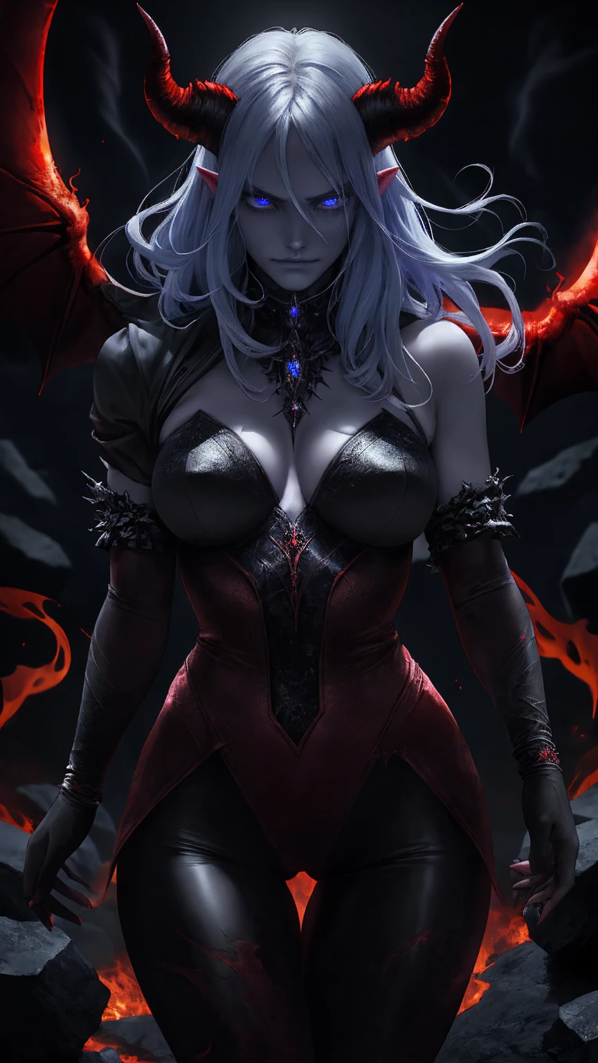 (The best quality,A high resolution,Ultra - detailed,actual),(demonic woman:1.1), blood, VISCERA, blood, war, death, hell,fiery atmosphere,ominous,scorching heat,red hot flames,devilish beauty,satanic presence,bright red eyes, busty, lowleg panties, gloomy shadows,dark abyss,burning souls,demonic figures,fiery wings,aura terrible,tormented spirits,tortured souls,molten lava,powerful energy,dark powers, hellscape,eternal damnation,twisted horns,demonic laughter,intense heatwave,sulfurous smoke,dark magic,enchanted fire,evil look,burning tendrils,intense heat,hell ardiente,threatening presence,supernatural screams,devilish smile,dancing flames,ominous glow,(beautiful blue eyes), (black big stones background:1.4) , (cowboy pose ), (Realistic) ,High quality 8K detailed art, Fanart Mejor ArtStation, Fantasy art style ,