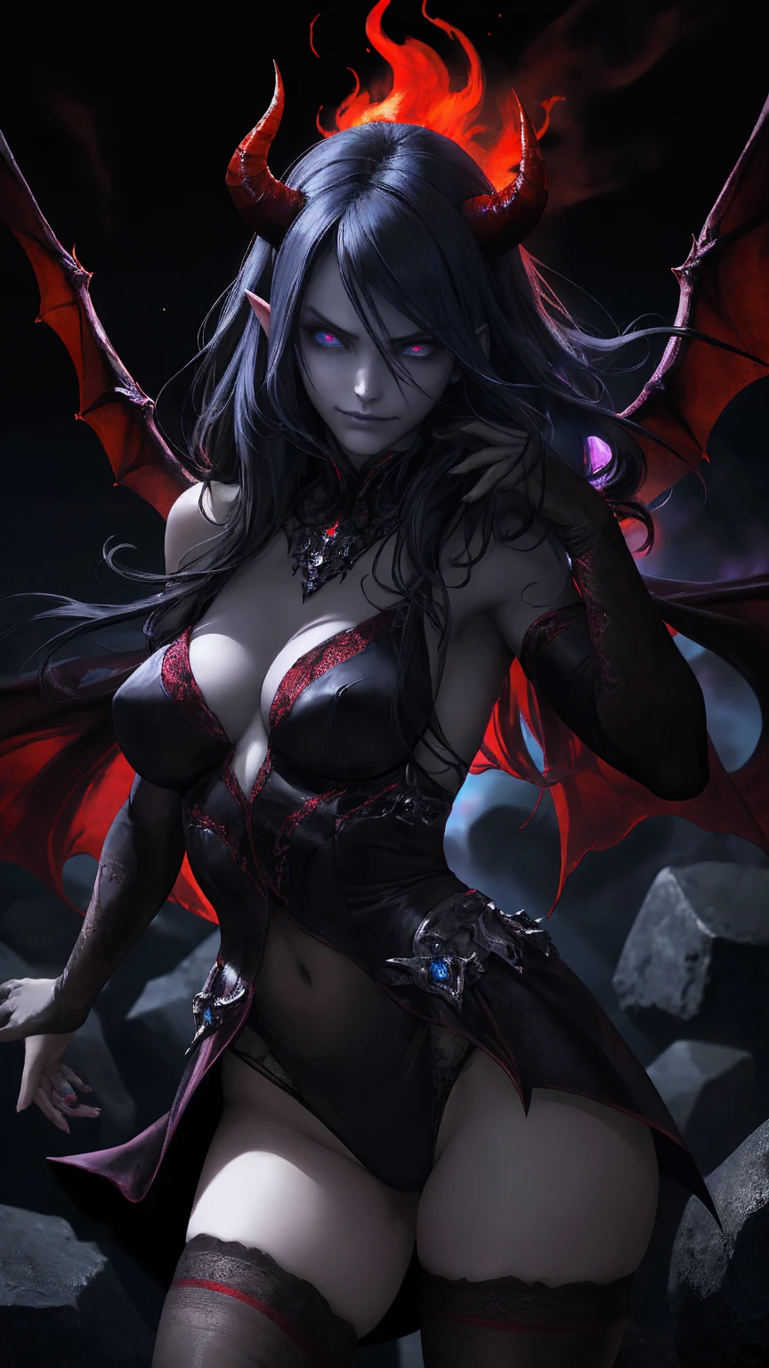 (The best quality,A high resolution,Ultra - detailed,actual),(demonic woman:1.1), blood, VISCERA, blood, war, death, hell,fiery atmosphere,ominous,scorching heat,red hot flames,devilish beauty,satanic presence,bright red eyes, busty, lowleg panties, gloomy shadows,dark abyss,burning souls,demonic figures,fiery wings,aura terrible,tormented spirits,tortured souls,molten lava,powerful energy,dark powers, hellscape,eternal damnation,twisted horns,demonic laughter,intense heatwave,sulfurous smoke,dark magic,enchanted fire,evil look,burning tendrils,intense heat,hell ardiente,threatening presence,supernatural screams,devilish smile,dancing flames,ominous glow,(beautiful blue eyes), (black big stones background:1.4) , (cowboy pose ), (Realistic) ,High quality 8K detailed art, Fanart Mejor ArtStation, Fantasy art style ,