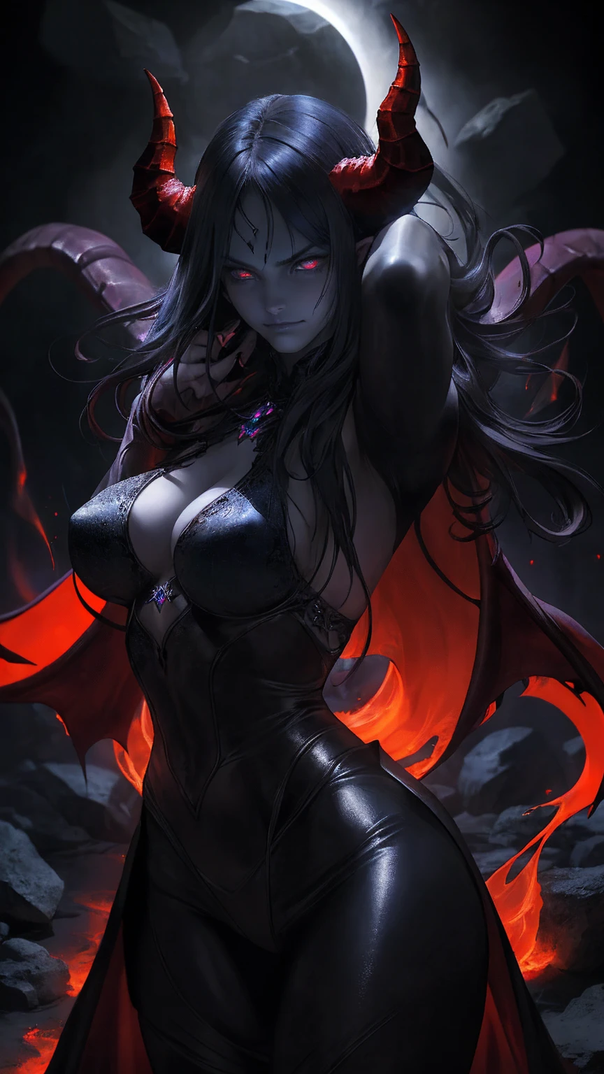 (The best quality,A high resolution,Ultra - detailed,actual),(demonic woman:1.1), blood, VISCERA, blood, war, death, hell,fiery atmosphere,ominous,scorching heat,red hot flames,devilish beauty,satanic presence,bright red eyes, busty, lowleg panties, gloomy shadows,dark abyss,burning souls,demonic figures,fiery wings,aura terrible,tormented spirits,tortured souls,molten lava,powerful energy,dark powers, hellscape,eternal damnation,twisted horns,demonic laughter,intense heatwave,sulfurous smoke,dark magic,enchanted fire,evil look,burning tendrils,intense heat,hell ardiente,threatening presence,supernatural screams,devilish smile,dancing flames,ominous glow,(beautiful blue eyes), (black big stones background:1.4) , (cowboy pose ), (Realistic) ,High quality 8K detailed art, Fanart Mejor ArtStation, Fantasy art style ,