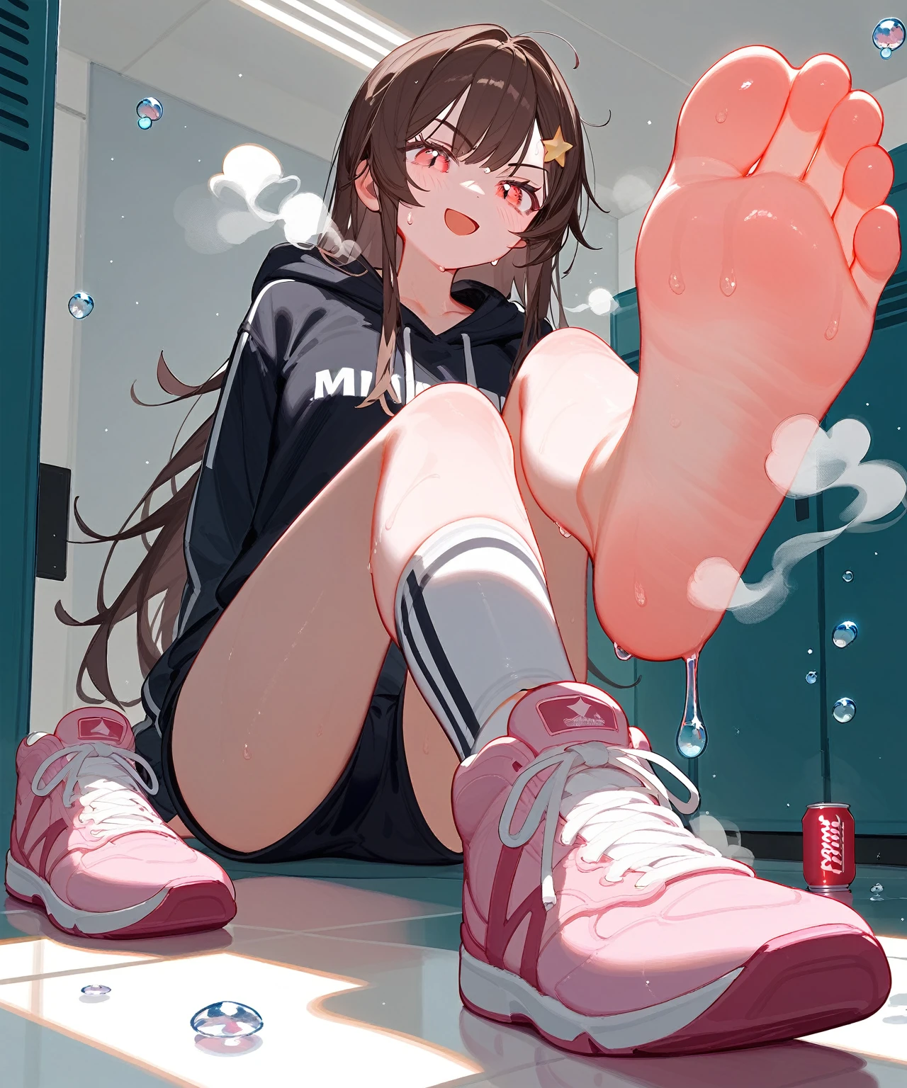 wallpaper,yellowSweatshirt，The background is in the dressing room，sit on the floor， Long hair，best quality, Very detailed, masterpiece, Extremely detailed, illustration, Sky,Foot Focus, Smirk，Open your mouth， barefoot,Stinky feet,Steam around feet,脚底Sweating很多，There are a lot of water drops on the soles of feet，Water dripping from the soles of feet，Sweating all over，Sweating，Pink Eyes，There is a big five-pointed star hairpin in the hair，Sweatshirt，Brown hair,Each foot can only have five toes，There is a pair of sneakers next to it，Sports socks