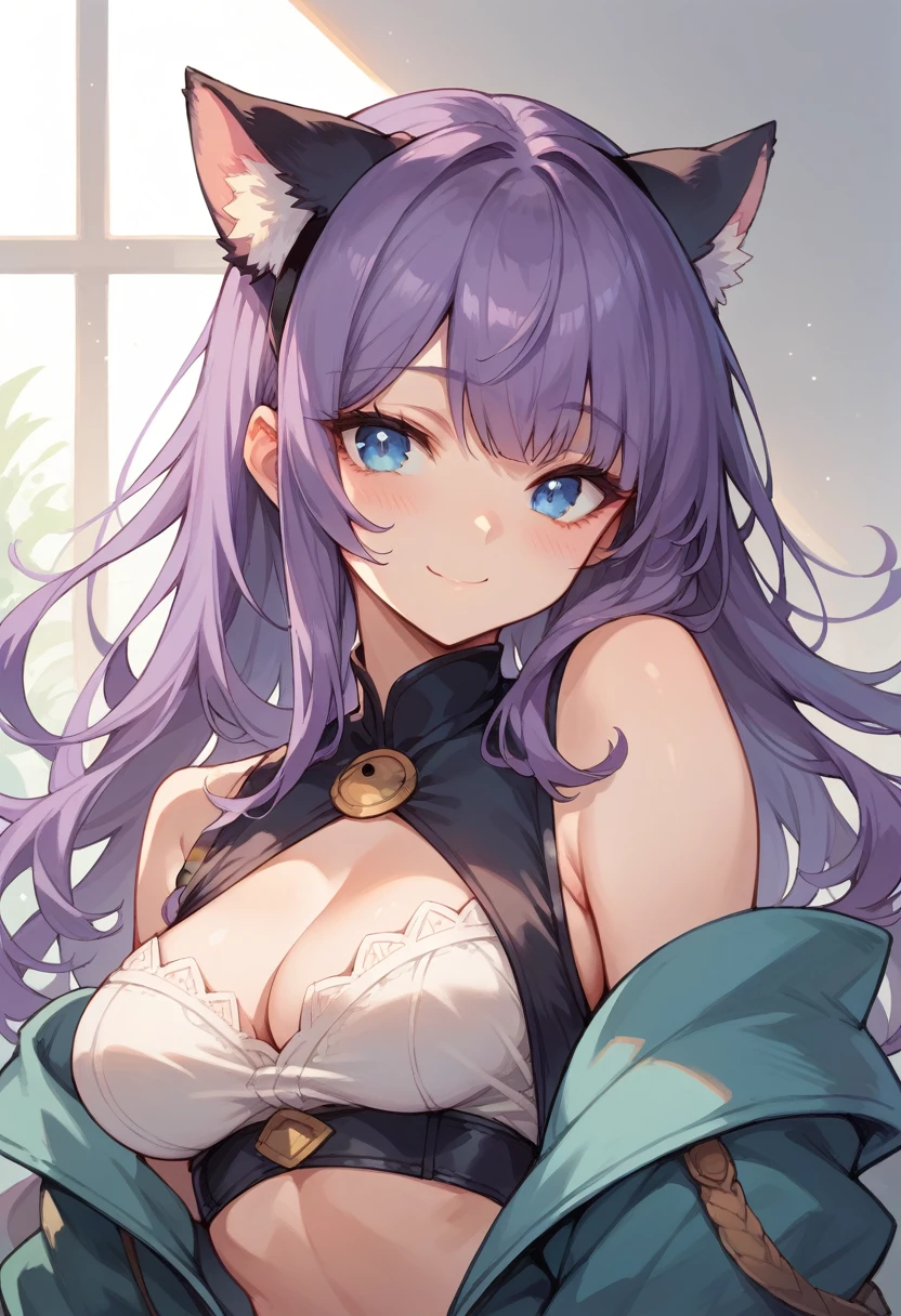 1girl, Blue eyes, Long Hair, Bangs, Purple Hair, Breasts, Smile, Blush, Light Smile, cat ears