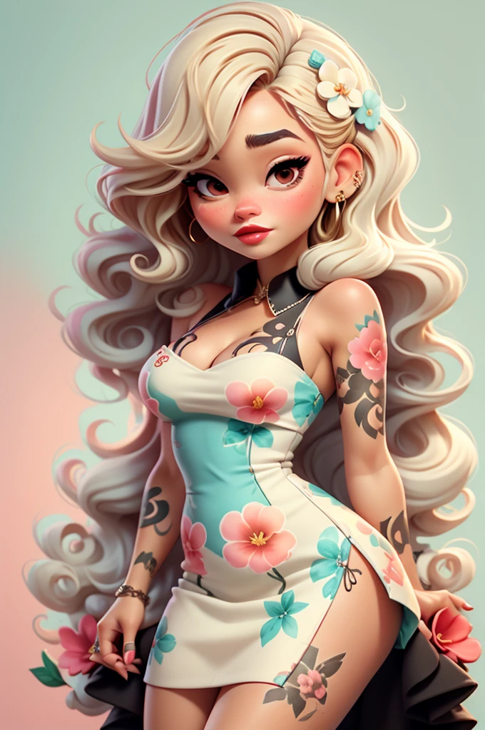 rita ora, flower dress, white background,tattoo, red lips, pink pinup style, aqua black eyes,blonde