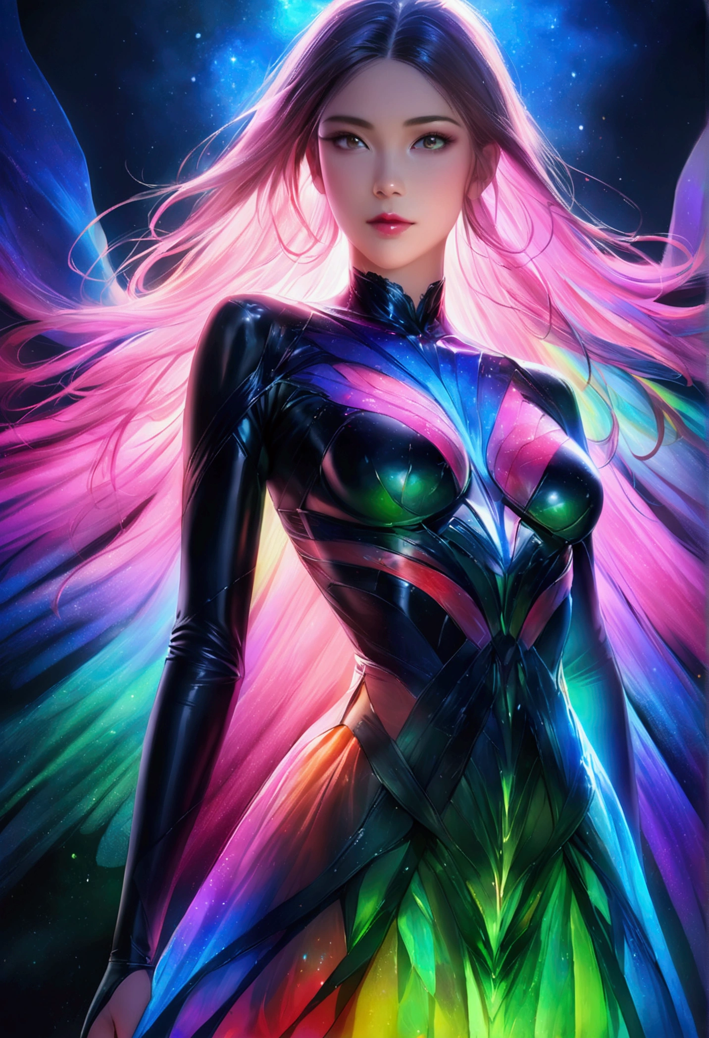 (Highest Quality, 4K, 8K, Ultra High Resolution, Masterpiece), Ultra-detailed, (Realistic, Photorealistic), Generates a vibrant canvas illuminated with a cascade of colorful, iridescent bioluminescence to form the mesmerizing silhouette of Rachel Cook. Dynamic lines and patterns reminiscent of a biological dance weave together to create a harmonious fusion of biology and art. Bioluminescence in a variety of hues, from electric blue to glowing red to vibrant green, brings the female form to life. Her silhouette emerges as a synthesis of iridescent bioluminescence, representing a seamless integration of colorful biology and extreme beauty in a stunning creation. Bright HDR highlights create a rim of light around the silhouette. The background is a magical night sky with galaxies shining. In full color. Supervised by Lillian Bassman.
