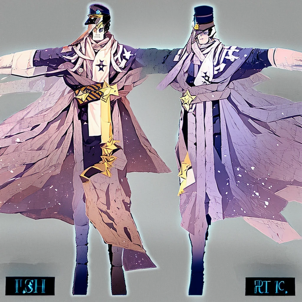 Male character,Quite well-dressed with a fancy coat fitting to his status as a train conductor as well as a top hat, scarf, and gloves, Implied to be a ghost or some other kind of undead being due to belonging in the Ghost Station, Although not young, he does appear to be quite pale and thin, ghostly feel to him, Has some sort of obscurity going on with his eyes due to the shadow of his cap, He also has noticeable eye circles, Italian, T-pose, character turn around design sheet, full body, portrait in left corner, mystical powers, super hero, space themed, celestial
