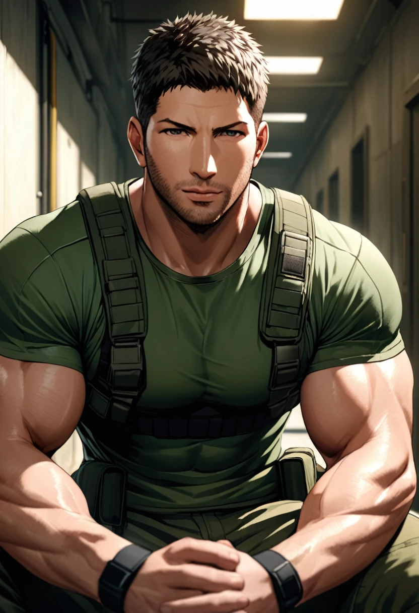 1 men, standing alone, 35 year old, (((Chris Redfield))), wearing green t-shirt, white color on the shoulder and a BSAA logo on the shoulder, military tactical costume, alto e hunk, bíceps, sit-ups, 가슴, best qualityer, Masterpiece artwork, high resolution: 1.2, black dark shadowy corridor in the background, face detailed, ombre, volumetric lighting, center focus, Low camera angle