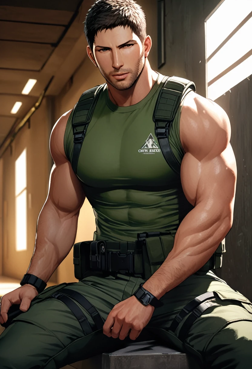1 men, standing alone, 35 year old, (((Chris Redfield))), wearing green t-shirt, white color on the shoulder and a BSAA logo on the shoulder, military tactical costume, alto e hunk, bíceps, sit-ups, 가슴, best qualityer, Masterpiece artwork, high resolution: 1.2, black dark shadowy corridor in the background, face detailed, ombre, volumetric lighting, center focus, Low camera angle