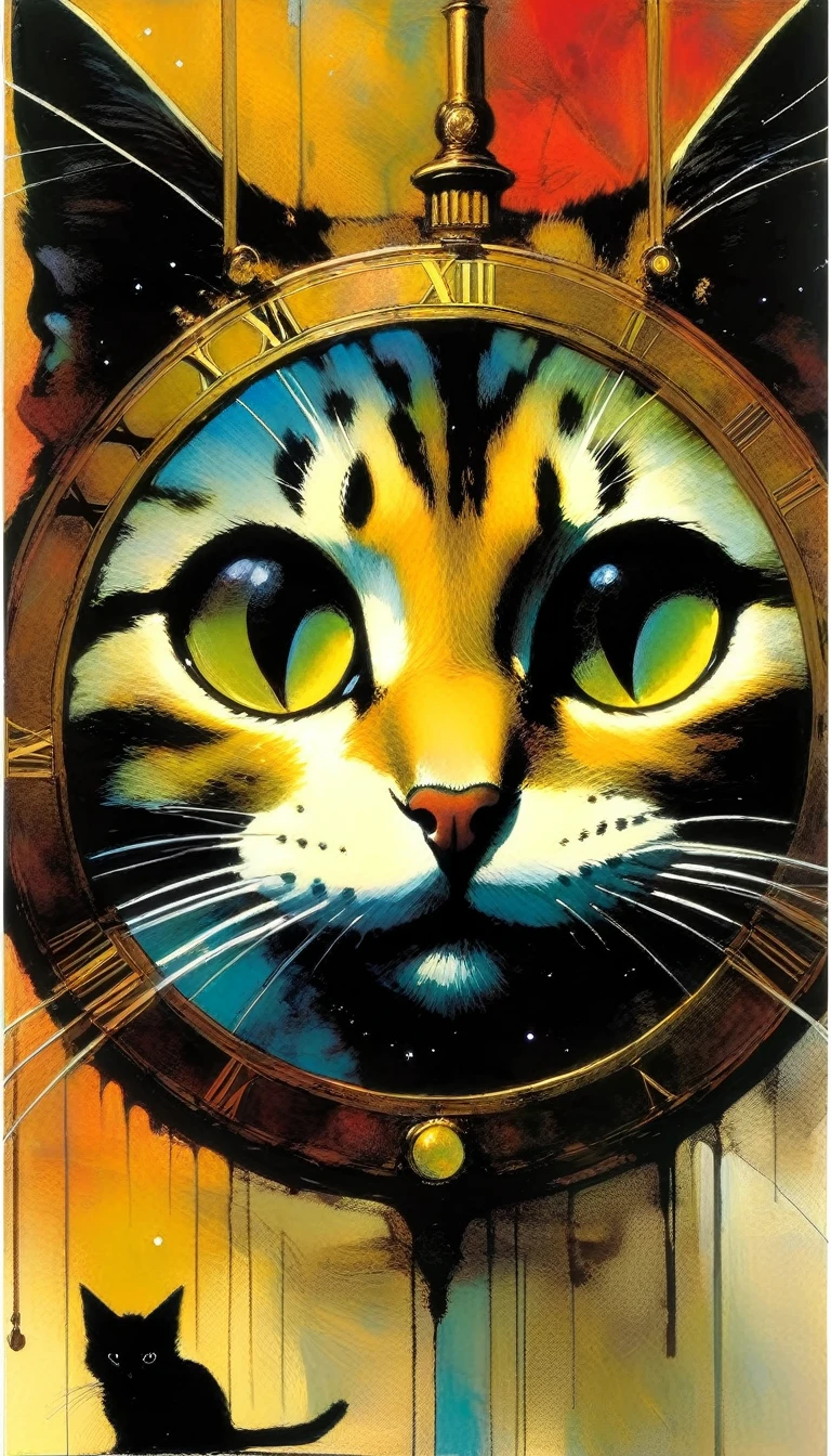 a cat in clockworld theme:1.5 (art inspired by Bill Sienkiewicz). oil painting)
