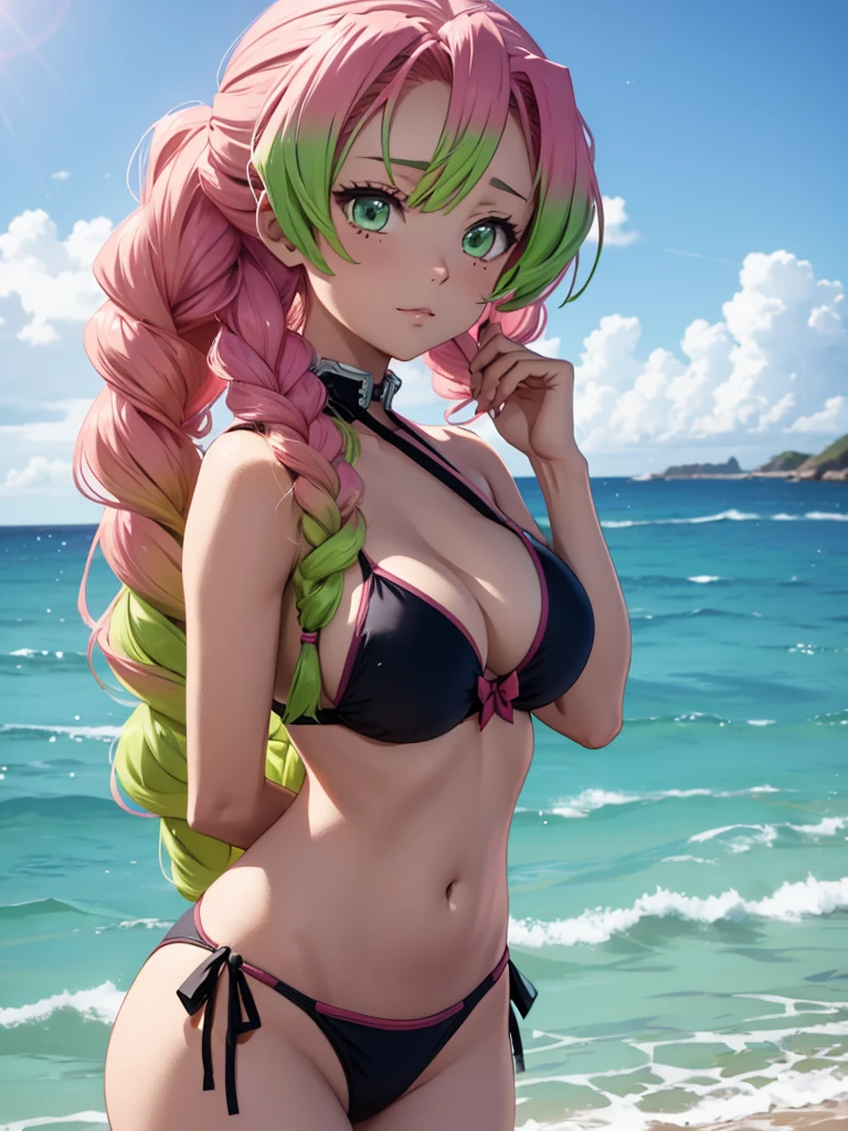 Mitsuri in demon slayer anime, 1woman, at beach, wearing sexy bikini, mitsuri's hair style, 8k, high detailed, high quality