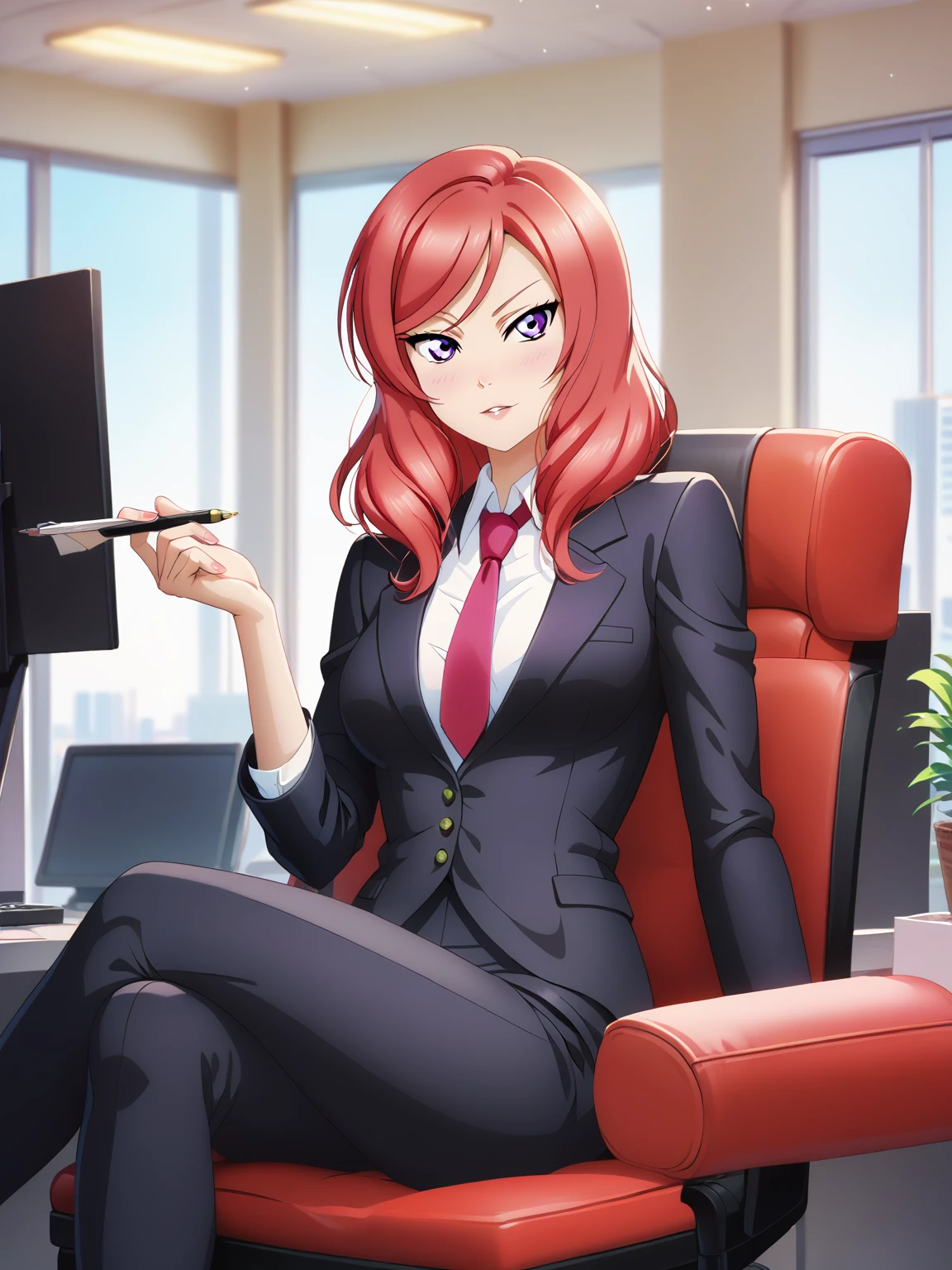masterpiece, best quality,solo, nishikino maki,red hair, purple eyes, black formal suit, pants, sitting , crossed legs ,neck tie, Sexual seduction, sexualised ,in office , front view , busty breasts 