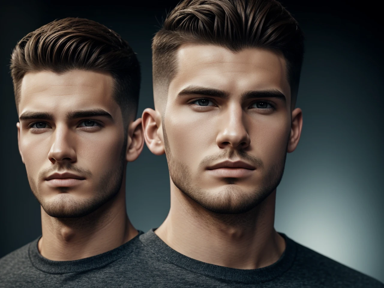 Real realistic style. 22 year old man, short hair and quiff. 