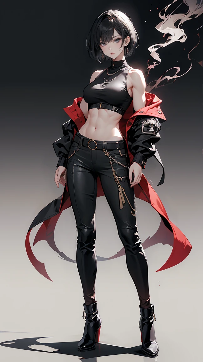 Highest quality、masterpiece、8k、Realistic、超High resolution、Very delicate and beautiful、High resolution、Fantasy World、Muscle Girl、Gal、Perfect female body、Beautiful woman、Mature Woman、Gray Hair、Short Hair、Six Pack、Earrings、Toned body、big 、Black military uniform、Tank top、I can see your belly、Black trousers、boots、cigarette、Wild Pose、Full body emphasis、Simple Background