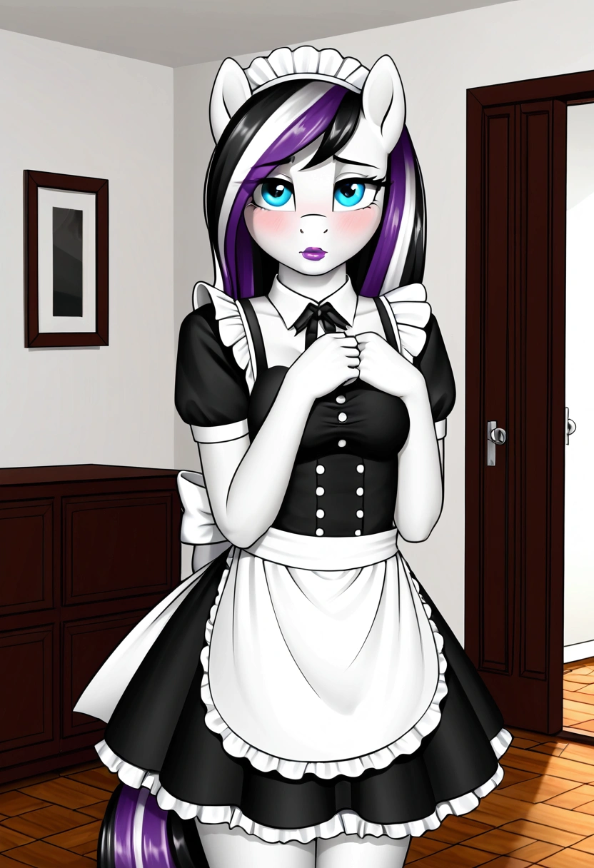 My little pony, (anthro), ((maid uniform)), ((two-tone hair with black on top and white underneath)), pale white body, gray eyes, medium breasts, purple lips, perfect lines, heart cutie mark, beautiful quality, more details, room, shy