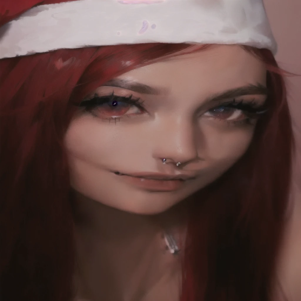 arafed woman with red hair and a santa hat posing for a picture, septum piercing, large piercing eyes, big piercing eyes, dark piercing eyes, piercing stare, nose piercing, with long hair and piercing eyes, beautiful piercing eyes, crimson red hair and red eyes, wearing spikes and piercings, chrome facial piercings, with anxious piercing eyes, red contacts
