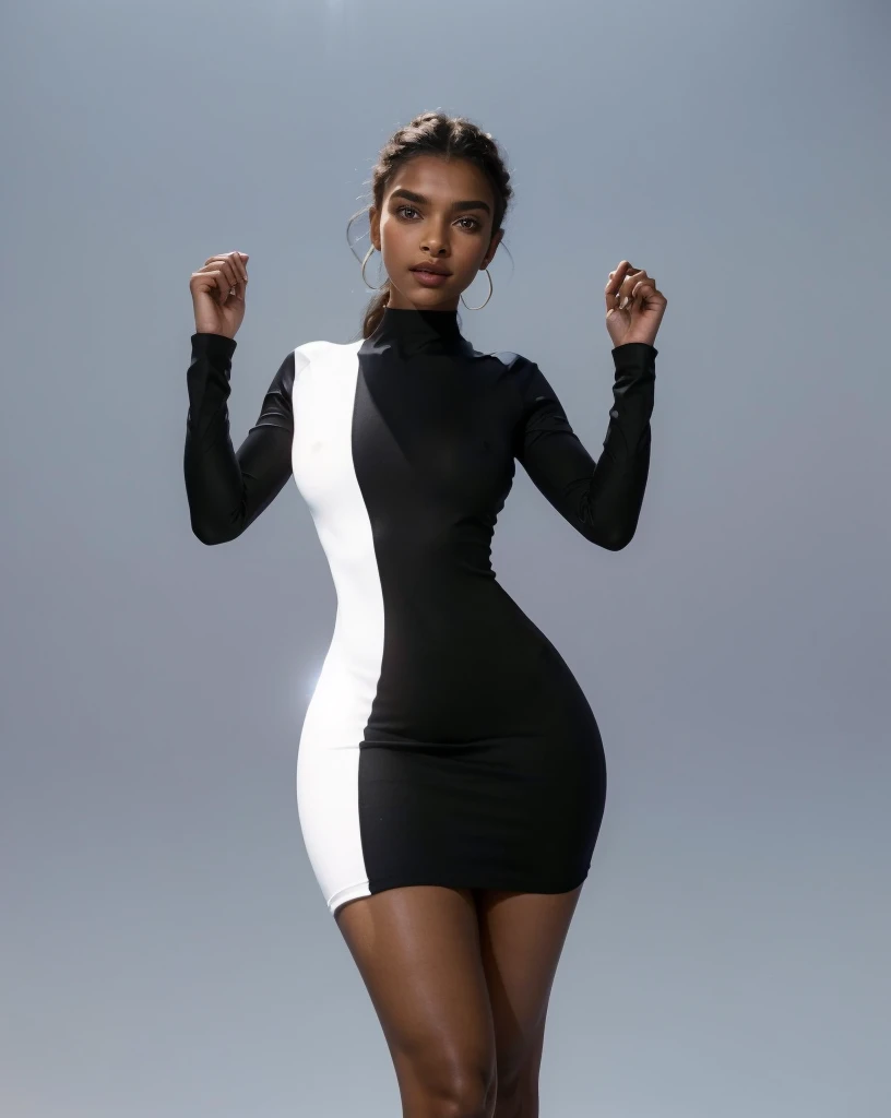 Blank studio background, (Beautiful  girl, Yara Shahidi, Laura Harrier, Scai Jackson, young Deepika Padukone), Wearing tight white and black cotton-Lycra-fabric long sleeve mini dress, round breasts, (HDR, 8K, perfect lighting, vivid, vibrant, detailed: 1.4), (hyper realistic, movie graphics)