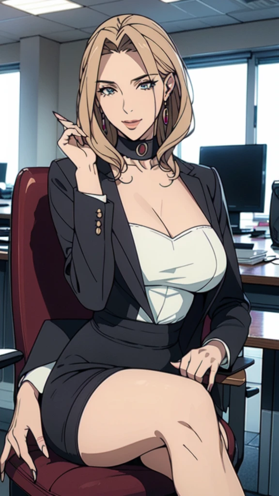 (((Highest quality, High resolution, , Pixel Perfect, 4K))),((Correct Anatomy)),((Woman in office room, Sexy pose))), ((Highest quality)), ((Complex and detailed)), ((Surreal)), ((White blouse)),An absurd solution, Mature Woman, Mature Woman, perspective, Very detailed,OL、Great style、(Long blonde hair)、glamorous、suit、Tight mini skirt、Black Pantyhose、High heels、office、The whole body is visible、((The chest is open)), ((Sit in an office chair))、((Crossing your legs))、One Woman, ((Big Breasts)), Perfect hands, Detailed fingers, Beautiful details, chief executive officer(chief executive officer(CEO)), (ビジネスsuit:1.2), Black choker, Earrings, Black Stockings, Perfect Eyes, Seductive eyes