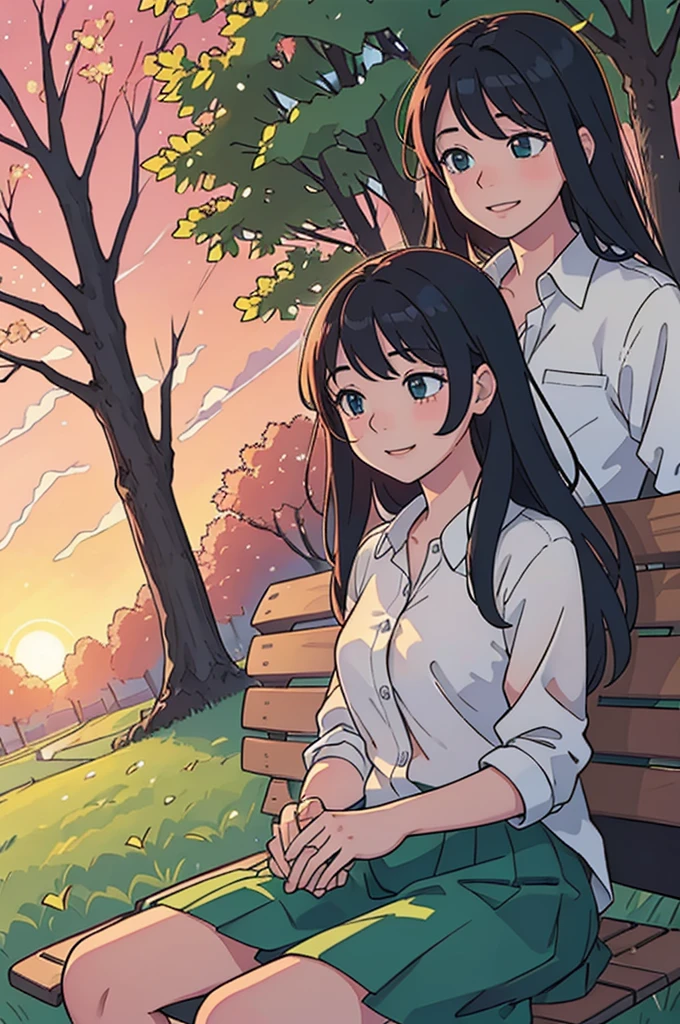 1 guy, 1 girl, sitting on a bench, park, girl with a long hair, stunning sunset lighting, realistic landscapes, beautiful detailed eyes, gentle smile, best quality, ultra-detailed, romantic atmosphere, sunset colors, warm and soft lighting, lovers in the park, happy and relaxed facial expression, subtle and natural poses, soft wind, sun rays shining through the trees, peaceful and serene setting, happy couple enjoying the moment, beautiful summer evening, green lushness, bright colors, dreamy atmosphere, whispering sweet words, sparkling eyes, sunset glow, couples in love, romantic date, Love is in the air, girl in a shirt and skirt