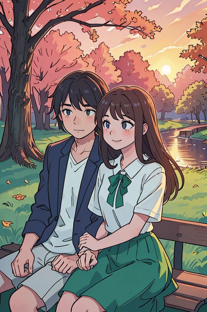 1 guy, 1 girl, sitting on a bench, park, girl with a long hair, stunning sunset lighting, realistic landscapes, beautiful detailed eyes, gentle smile, best quality, ultra-detailed, romantic atmosphere, sunset colors, warm and soft lighting, lovers in the park, happy and relaxed facial expression, subtle and natural poses, soft wind, sun rays shining through the trees, peaceful and serene setting, happy couple enjoying the moment, beautiful summer evening, green lushness, bright colors, dreamy atmosphere, whispering sweet words, sparkling eyes, sunset glow, couples in love, romantic date, Love is in the air, girl in a shirt and skirt