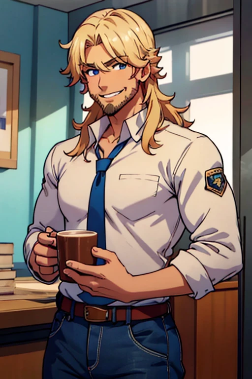 Perfect face. Perfect hands. A blonde muscular haired cowboy with blue eyes and a dark beard and long hair in a cowboy outfit is drinking coffee in the sheriff's office with a big smile