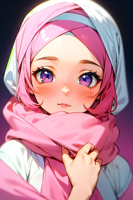 a close-up of a young girl with a pink scarf, Hijab, pastel pink skin tone, light blush, headscarf, white Hijab, Muslim, Hell-Pink, pastel pink, mekka, Nicely, blush, official product image, sahara, inspiring by Nazmi Ziya Güran, completely covered, Wonderful masterpiece, Detail image, Nice, 4 0 9 6