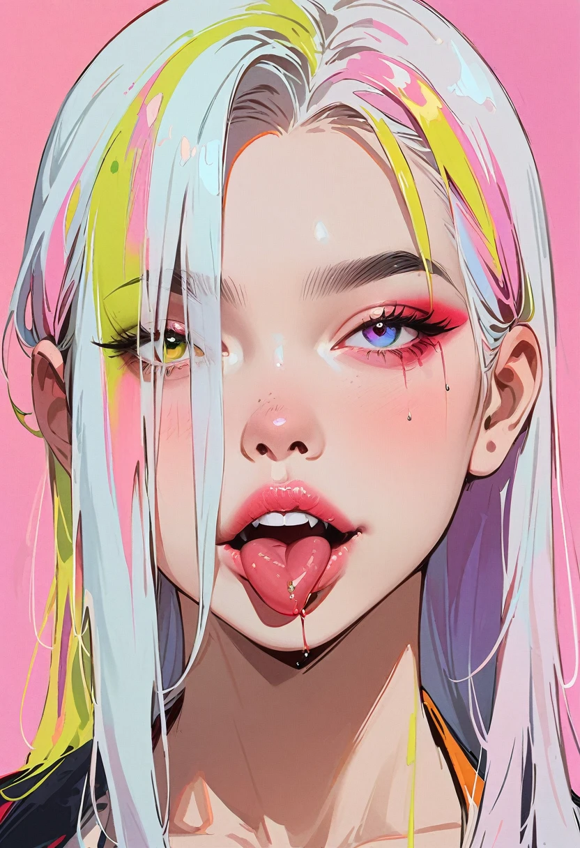 (masterpiece, best quality:1.2), 1 girl, 独奏, Anime style, Heterochromia, Grinning, lips pink, Stick out your tongue, vampire, Cyberpunk style makeup, Different color hair, Highlights, Long bangs on one side, Purple and pink background.