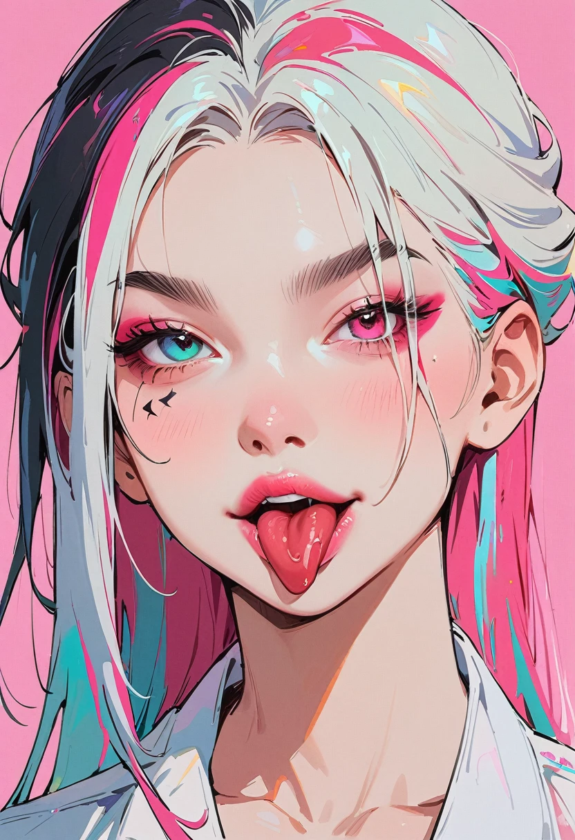 (masterpiece, best quality:1.2), 1 girl, 独奏, Anime style, Heterochromia, Grinning, lips pink, Stick out your tongue, vampire, Cyberpunk style makeup, Different color hair, Highlights, Long bangs on one side, Purple and pink background.