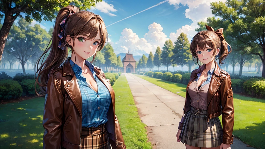 1girl, solo, village, trees, sun, clouds, ((brown hair)), ponytail, large breasts, ((brown leather jacket)), button down shirt, ((blue checked shirt)), ((unbuttoned shirt)), unbuttoning buttons, cleavage 1:3, green eyes, long skirt, brown boots, smile, happy, looking at the viewer, standing, hair ribbon, golden necklate