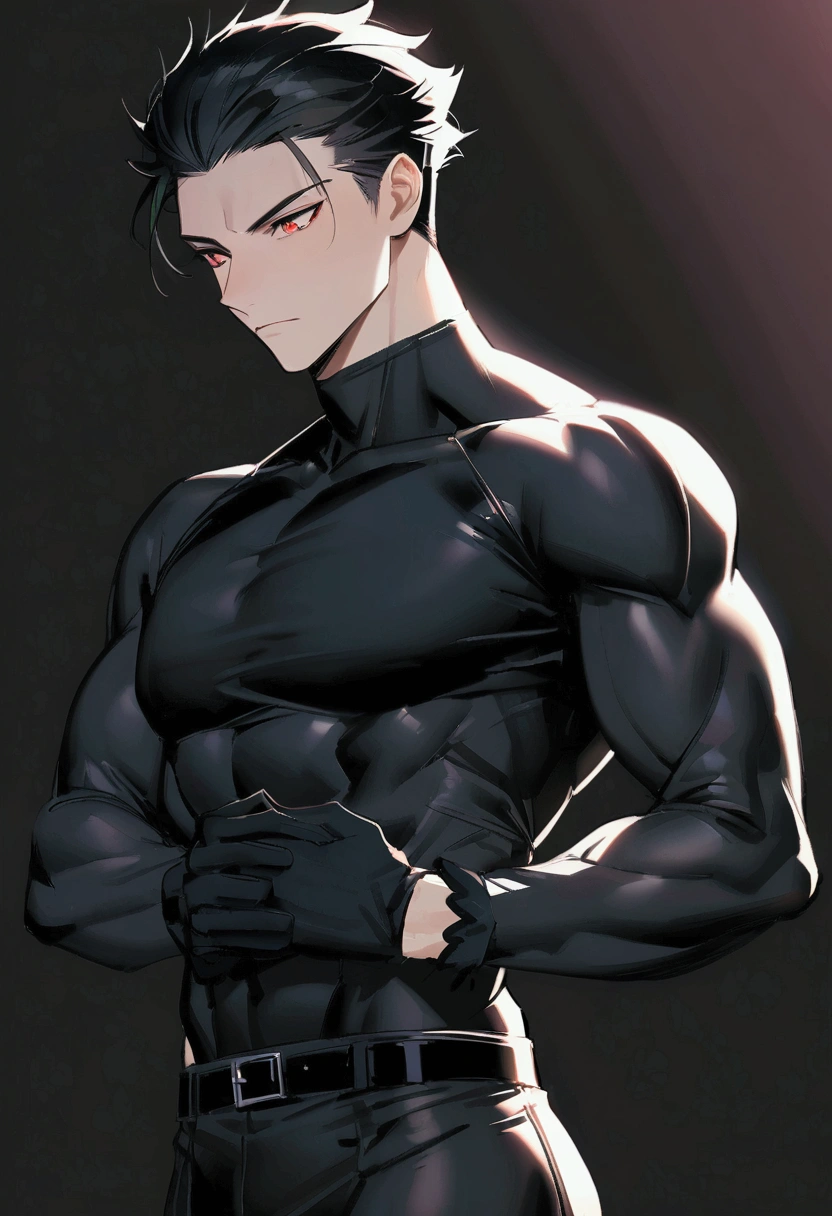 masculine man, tall, muscular, long-sleeved sports shirt made of black lycra, short black hair combed back and red eyes, black belt and black gloves, slim, 24 years old