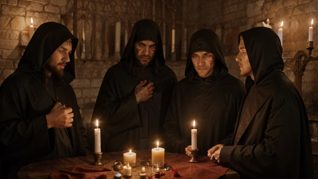 Three guys in their 20s inside the sect with blood and skull candles, people in dark robes