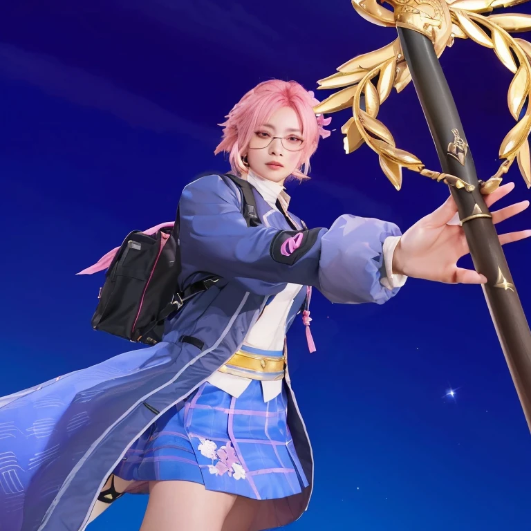 there is a woman with pink hair holding a sword in a field, hints of yayoi kasuma, yayoi kasuma, ayaka game genshin impact, from kingdom hearts, keqing from genshin impact, main character, zhongli from genshin impact, ayaka genshin impact, carrying a magical staff, rin, official character art