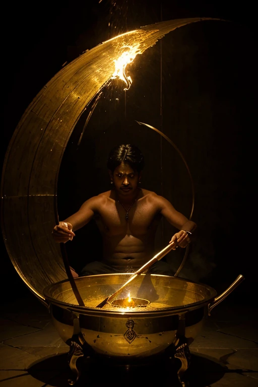 Traditional Indian rich magician doing spells and magic in a golden cauldron and shadowy spirits near