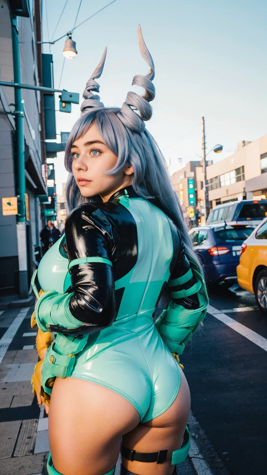 Masterpiece, Best quality, (photorealistic1.4), (UHD), (big breast), (flashphoto), (flash photography), (cleavage), (European model), (young woman), (JenniferConnelly90), (Tokyo Street), (epiCRealLife:1.0), (night time), (Nejire latex bodysuit), 1girl, solo, long hair, blue eyes, (blue hair), (hair bangs), (drill hair, twin drills), (Nejire Hairstyle), hair horns, very long hair , light blue hair, (Nejire Yellow gloves), (look at viewers), (Nejire demure), (from behind), (close up), (look back)