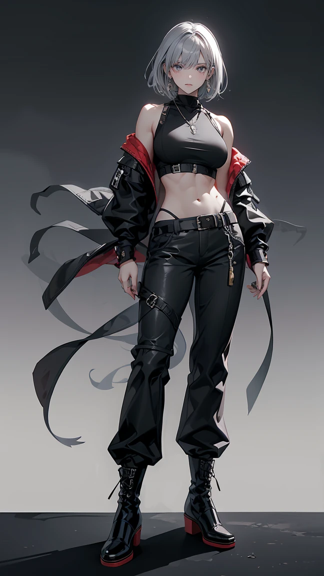 Highest quality、masterpiece、8k、Realistic、超High resolution、Very delicate and beautiful、High resolution、Fantasy World、Muscle Girl、Gal、Perfect female body、Beautiful woman、Mature Woman、Gray Hair、Short Hair、Six Pack、Earrings、Toned body、big 、Black military uniform、Tank top、I can see your belly、Black trousers、boots、cigarette、Wild Pose、Full body emphasis、Simple Background