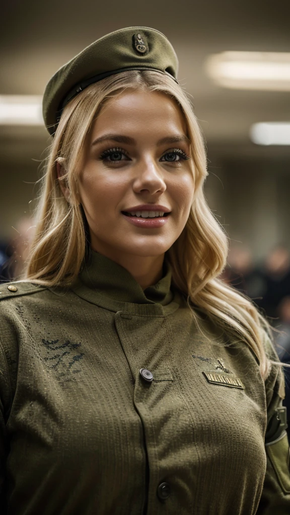 a beautiful blonde woman in military uniform, , military base in Ucrânia, winter day, stunning Ucrânia lighting, smiling, 8k, realistic, photorealistic, ultra-detailed, masterpiece, dramatic lighting, cinematic, dramatic pose, intricate details, vivid colorsd