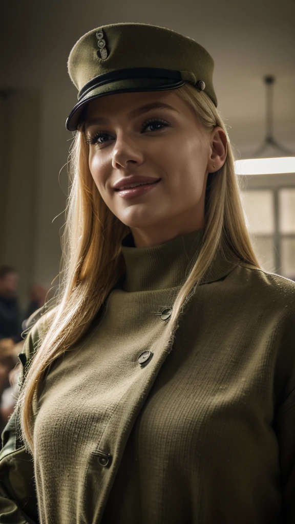 a beautiful blonde woman in military uniform, , military base in Ucrânia, winter day, stunning Ucrânia lighting, smiling, 8k, realistic, photorealistic, ultra-detailed, masterpiece, dramatic lighting, cinematic, dramatic pose, intricate details, vivid colorsd