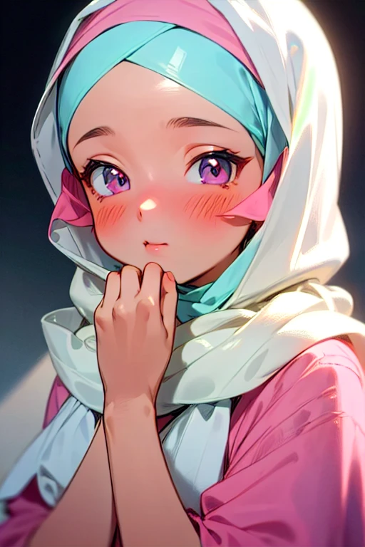 a close-up of a young girl, Hijab, pastel pink skin tone, light blush, headscarf, white Hijab, Muslim, Hell-Pink, pastel pink, mekka, Nicely, blush, official product image, sahara, inspiring by Nazmi Ziya Güran, completely covered, Wonderful masterpiece, Detail image, Nice, 4 0 9 6